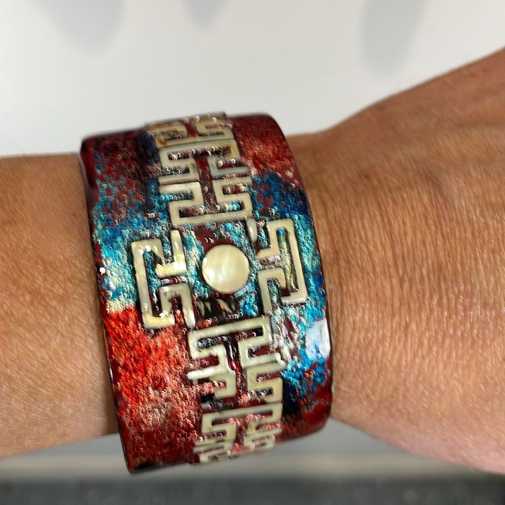 Boho Geometric Enamel Cuff Bracelet Mother of Pearl Statement